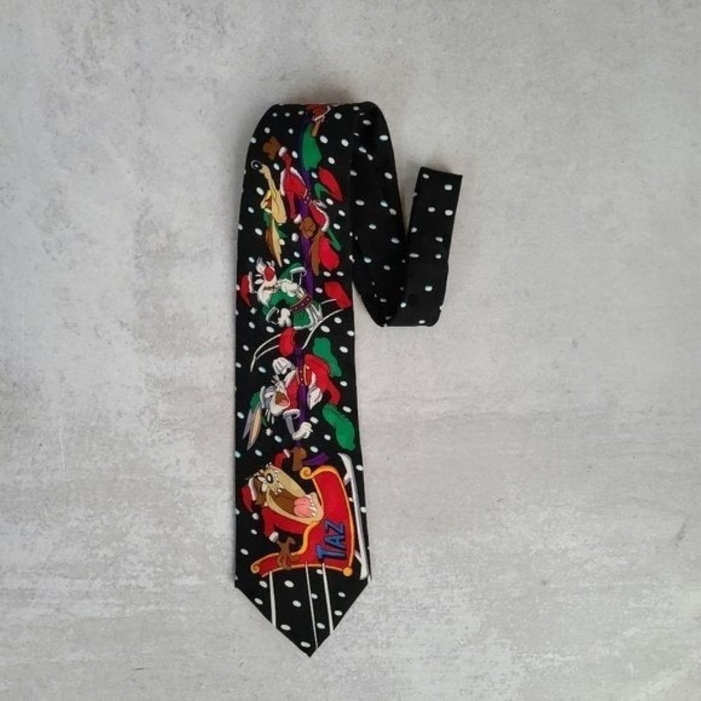 VTG 90's Looney Tunes Holiday 100% Silk Polka Dot Tie